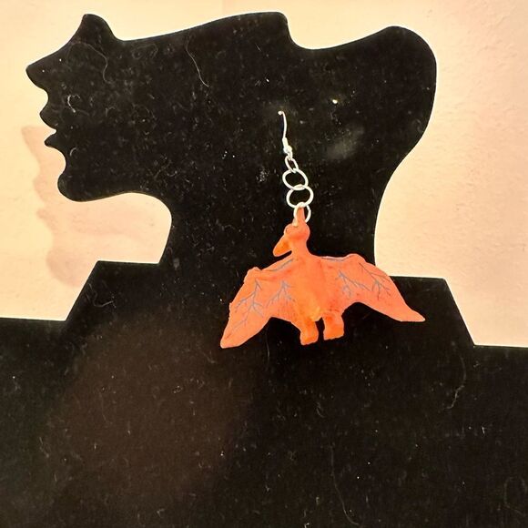 Earrings Pierced Dinosaur Silver Dangly Exaggerated Handmade Costume Jewelry - Picture 8 of 10